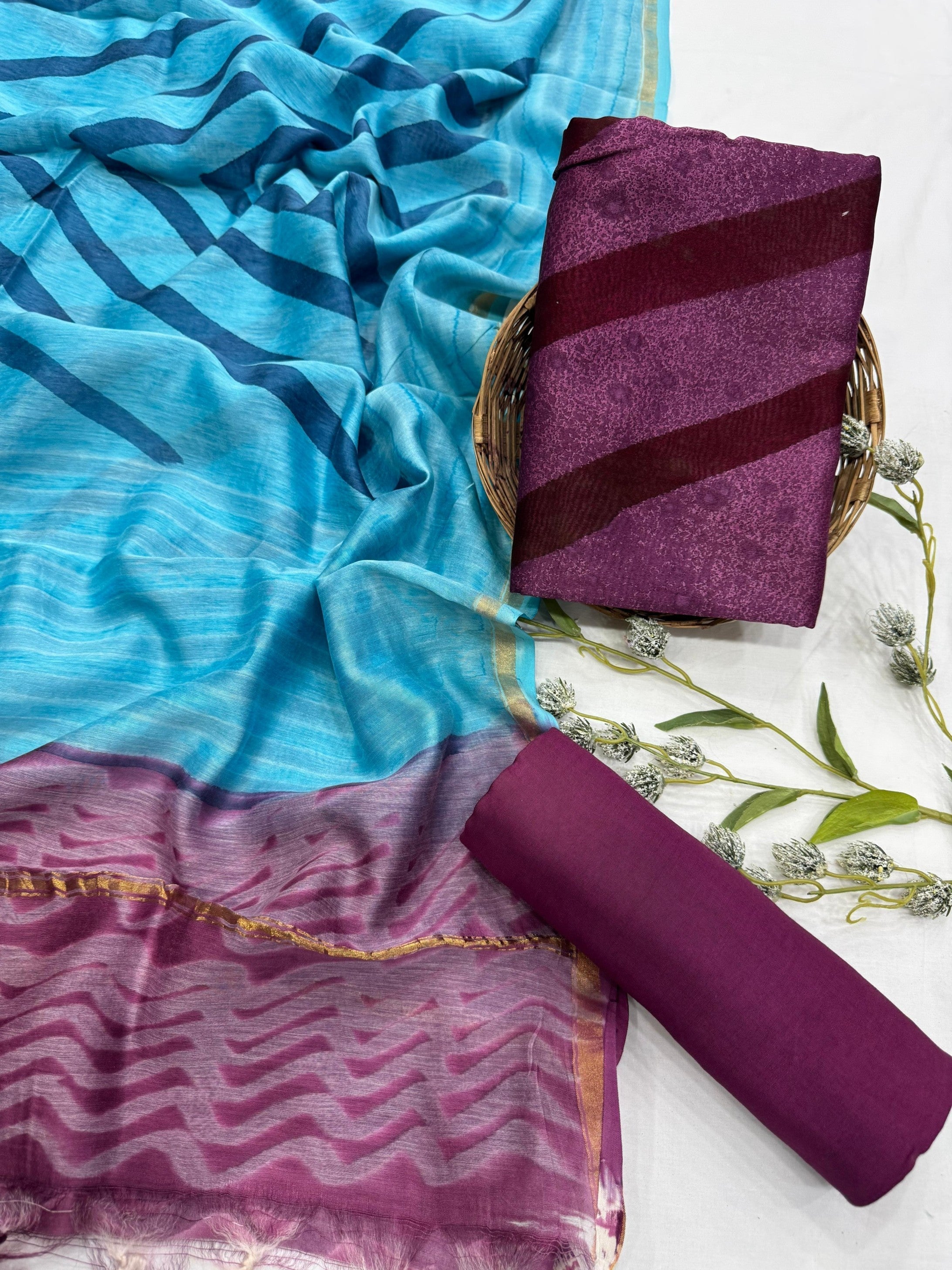 Wholesale Chanderi Silk Handblock Printed Dress Material – Purple Stripes Design, Artisan-Crafted in Rajasthan for Designers, Boutiques, and Bulk Orders